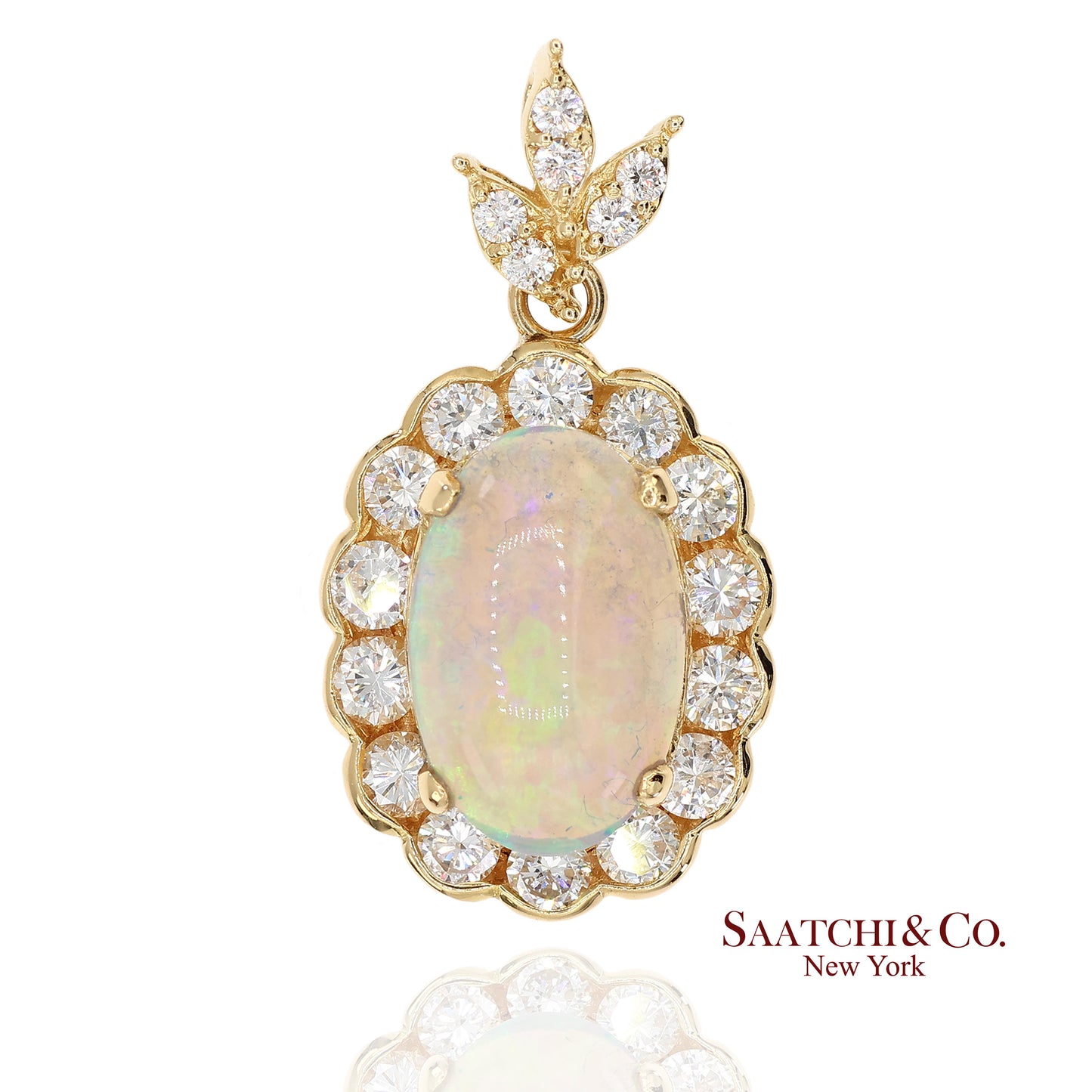 18K 750 Solid Yellow Gold Natural Diamond and Natural Opal Pendant Necklace