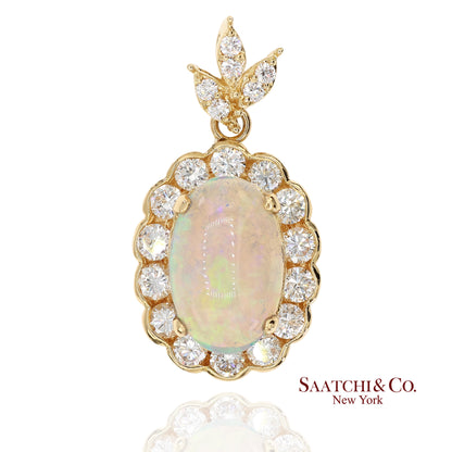 18K 750 Solid Yellow Gold Natural Diamond and Natural Opal Pendant Necklace