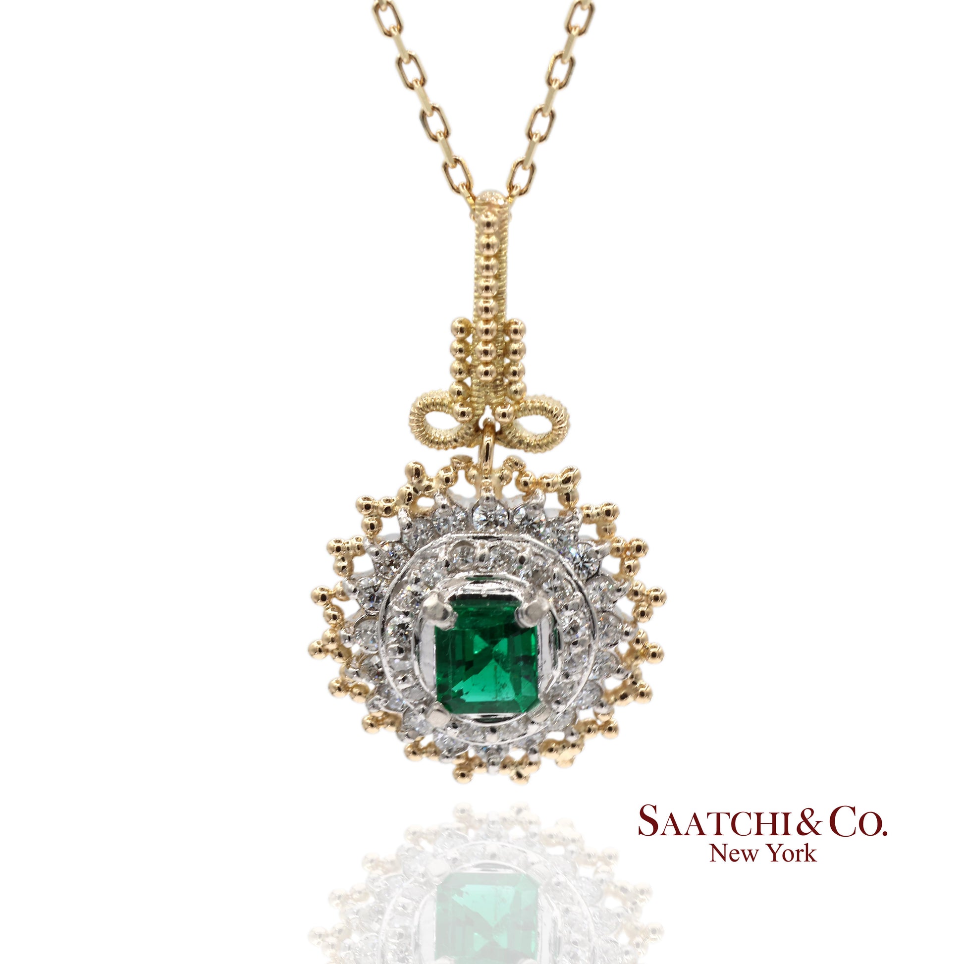 18K 750 Solid Yellow Gold & Platinum 900 Natural Diamond and Emerald Pendant
