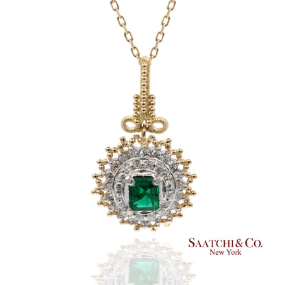 18K 750 Solid Yellow Gold & Platinum 900 Natural Diamond and Emerald Pendant