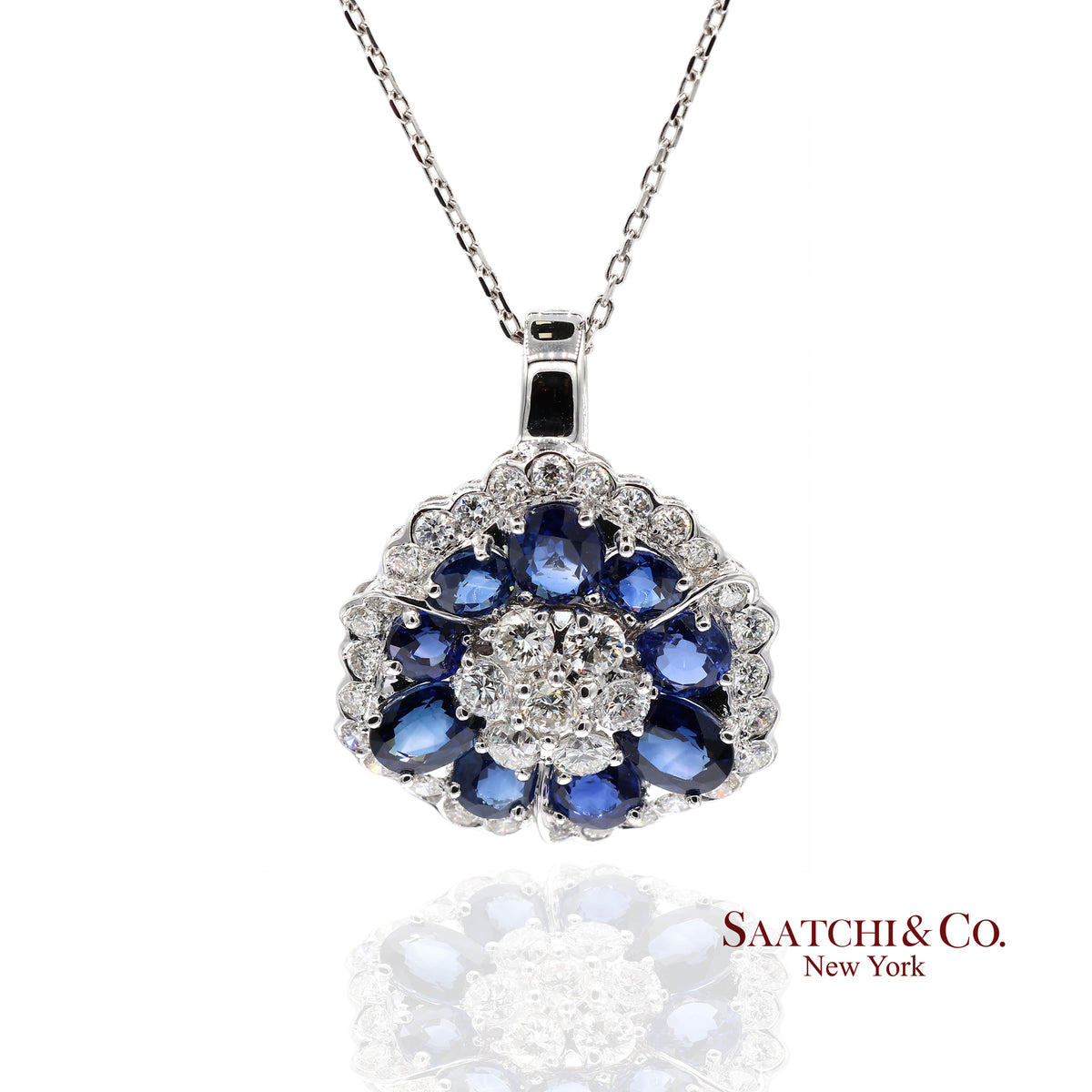 0.95ct Natural Diamond & 3.17ct Natural Sapphire 18K White Gold Pendant Necklace