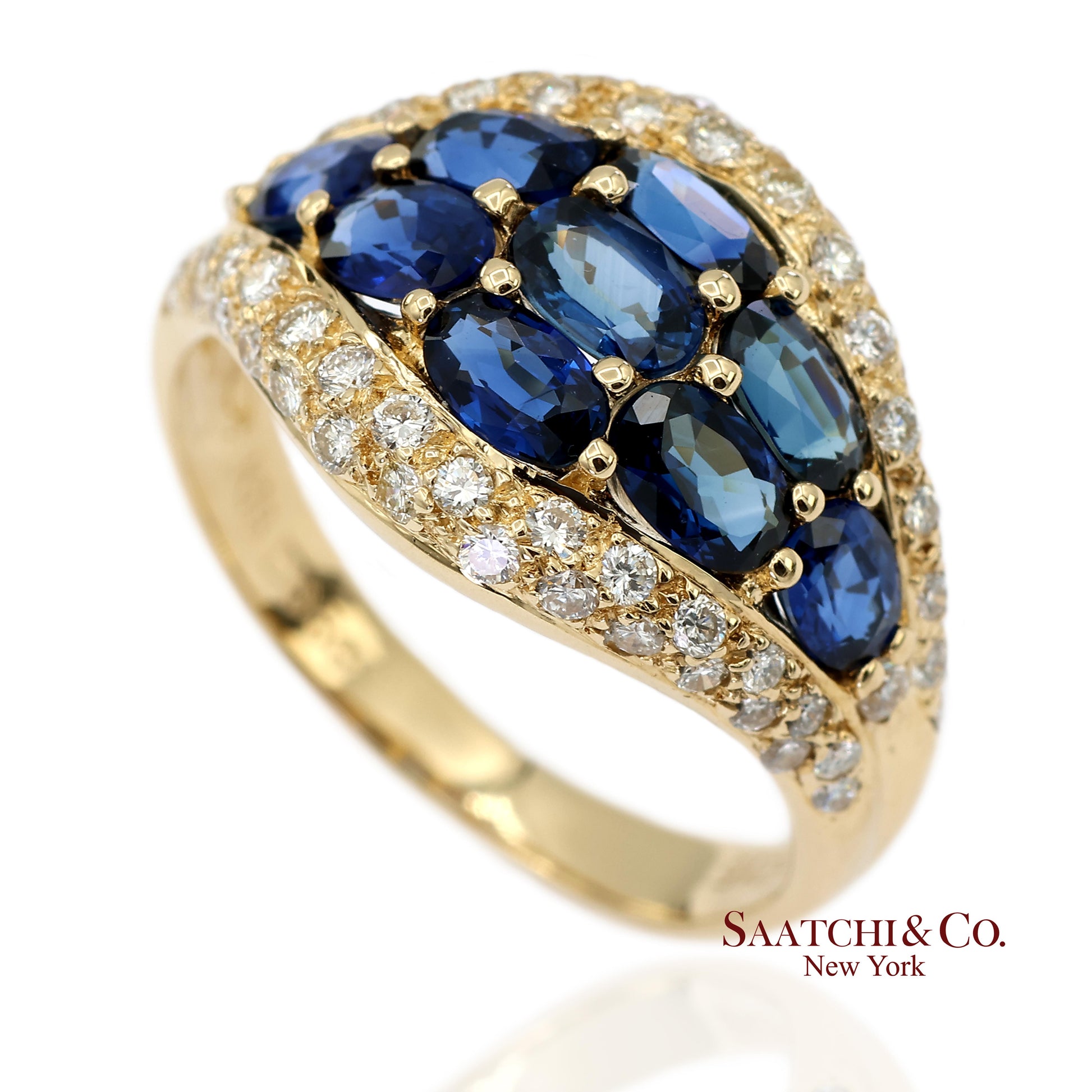 18K 750 Solid Yellow Gold Natural Diamond and Natural Sapphire Ring