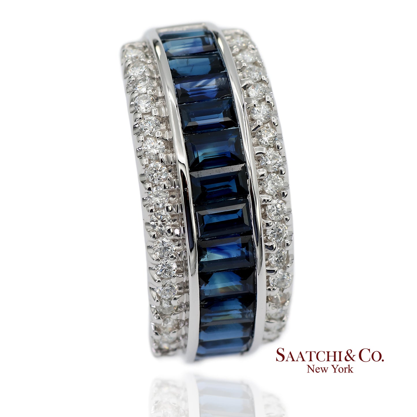 18K 750 Solid White Gold Natural Diamond and Natural Sapphire Band Ring