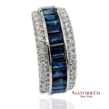 18K 750 Solid White Gold Natural Diamond and Natural Sapphire Band Ring