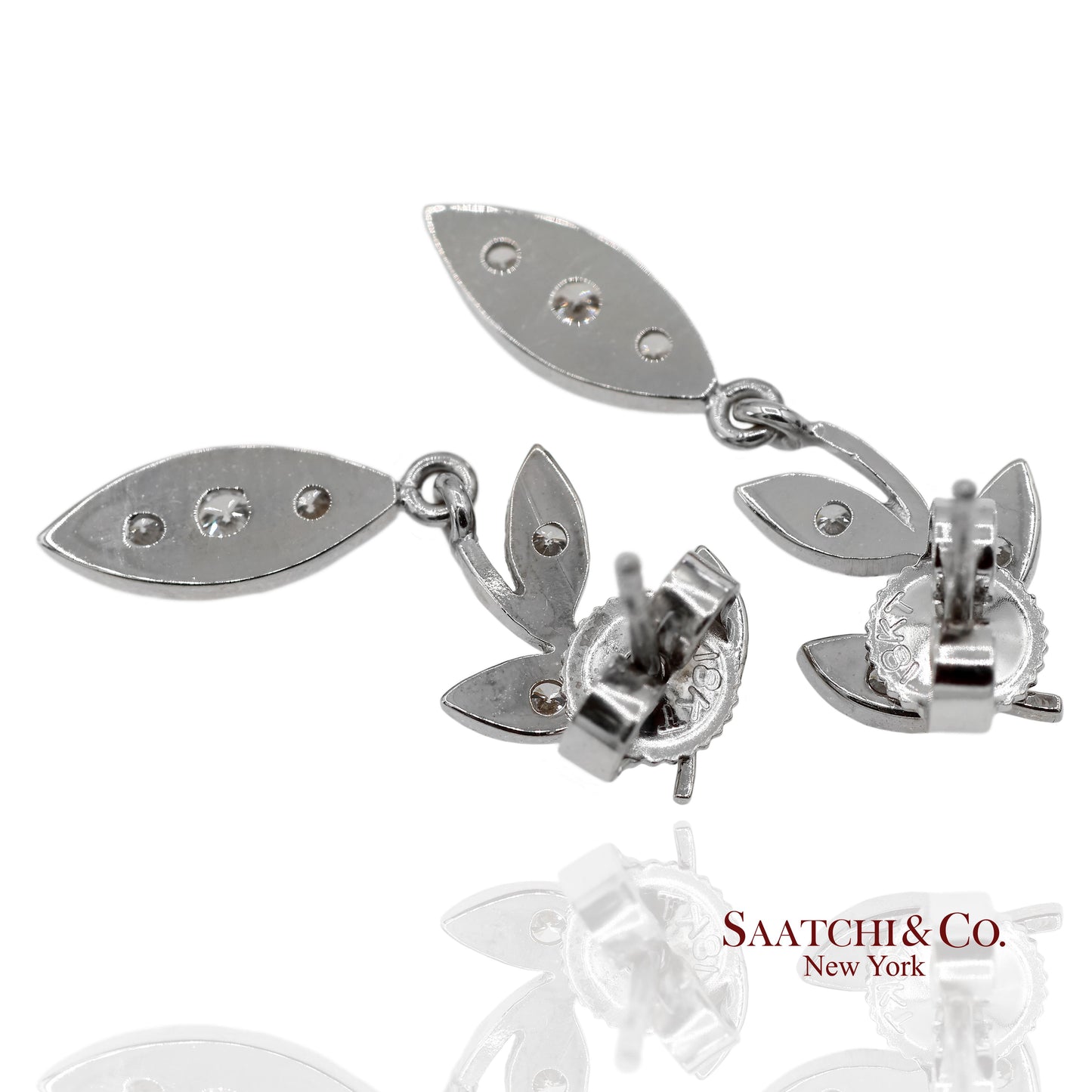 18K 750 Solid White Gold Marquise Shape Natural Diamond Leaf Drop Earrings