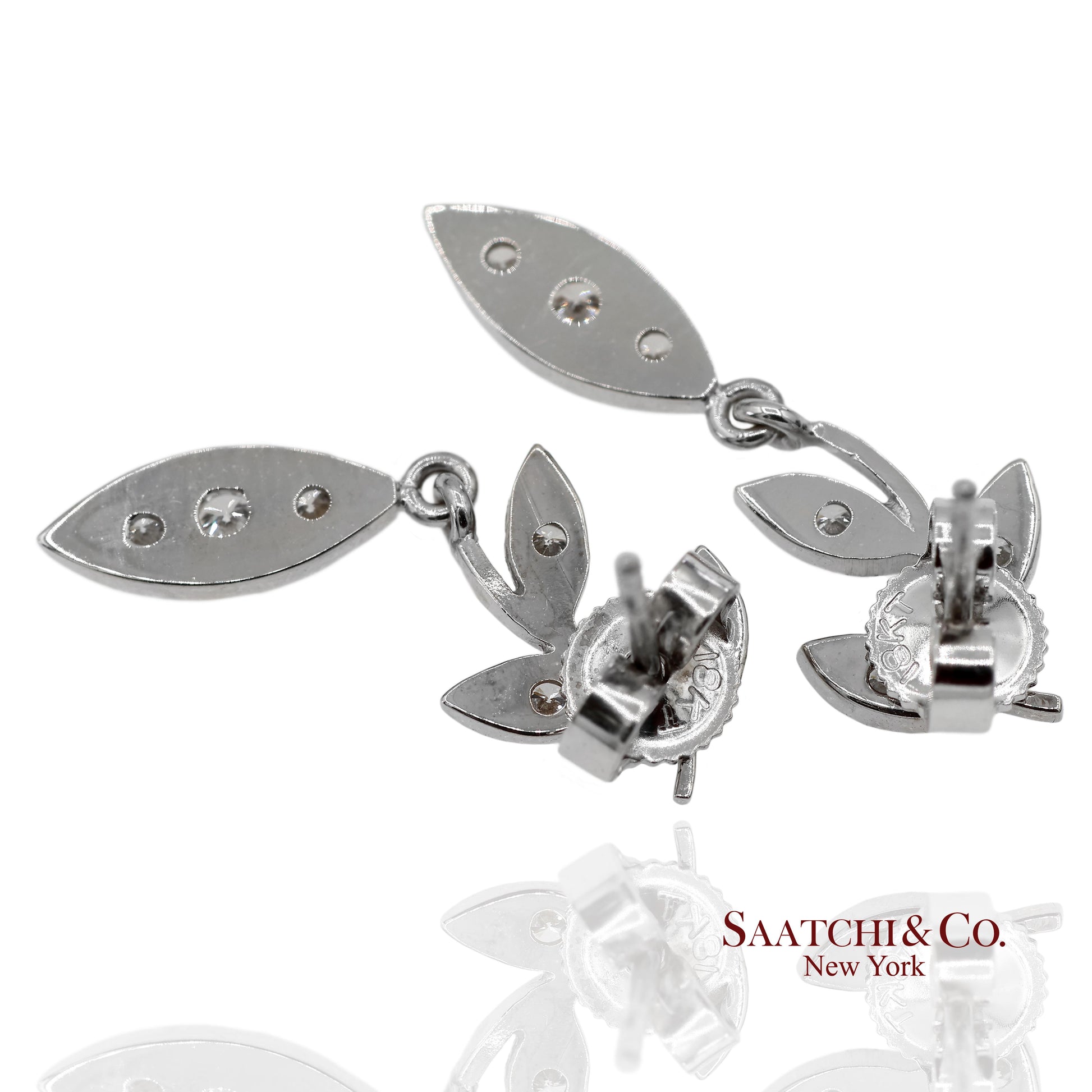 18K 750 Solid White Gold Marquise Shape Natural Diamond Leaf Drop Earrings