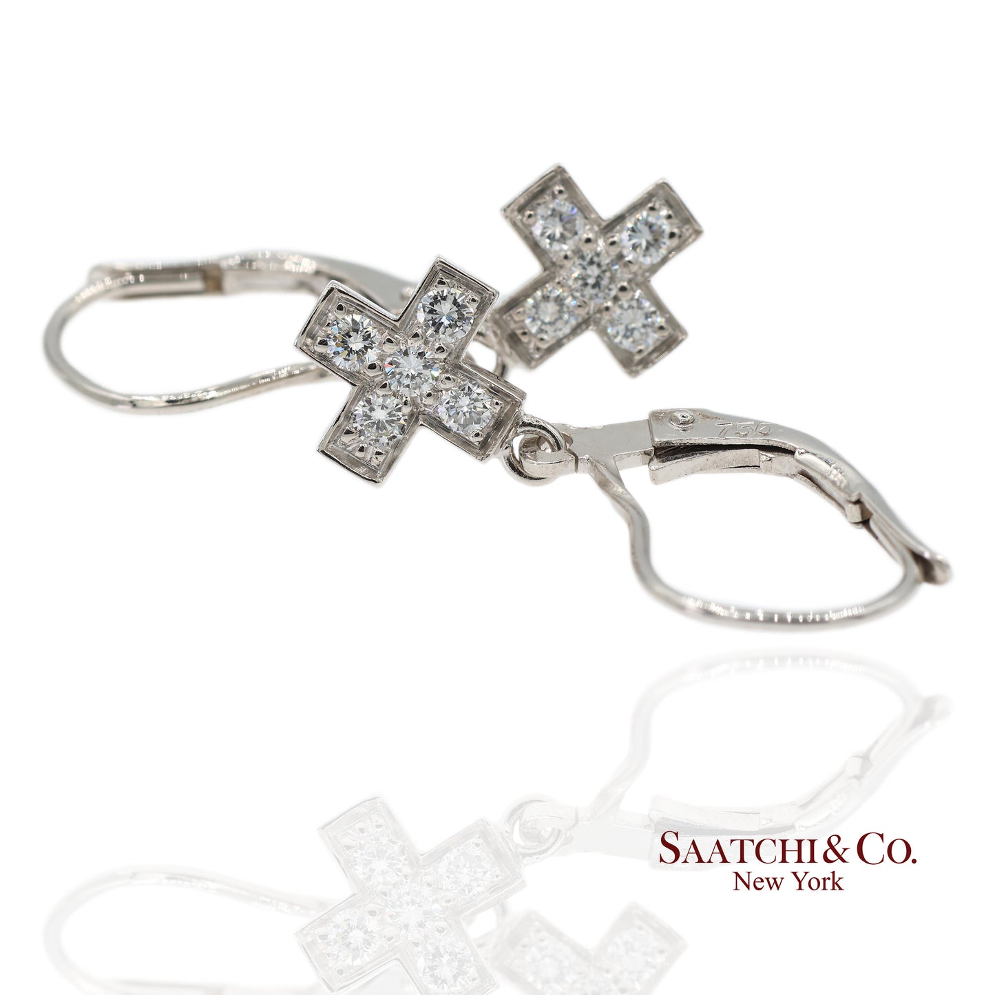 18K 750 Solid White Gold Natural Diamond Drop Hanging Cross Shape Earrings
