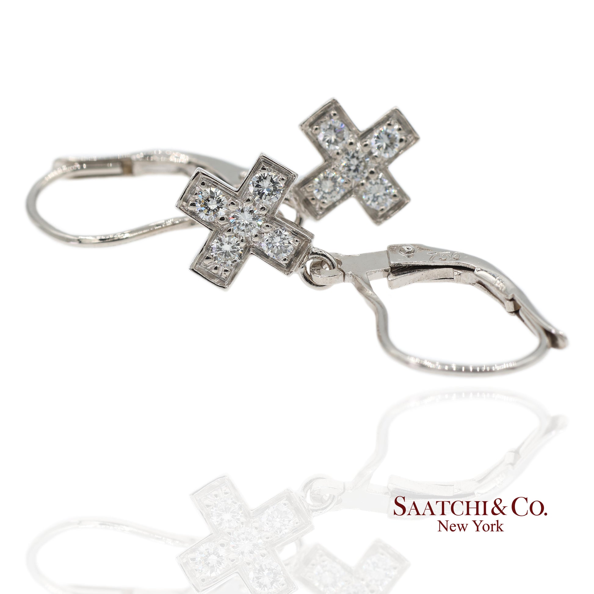 18K 750 Solid White Gold Natural Diamond Drop Hanging Cross Shape Earrings