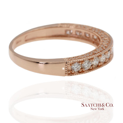 14K 585 Solid Rose Gold Side Engraving Natural Diamond Band Ring