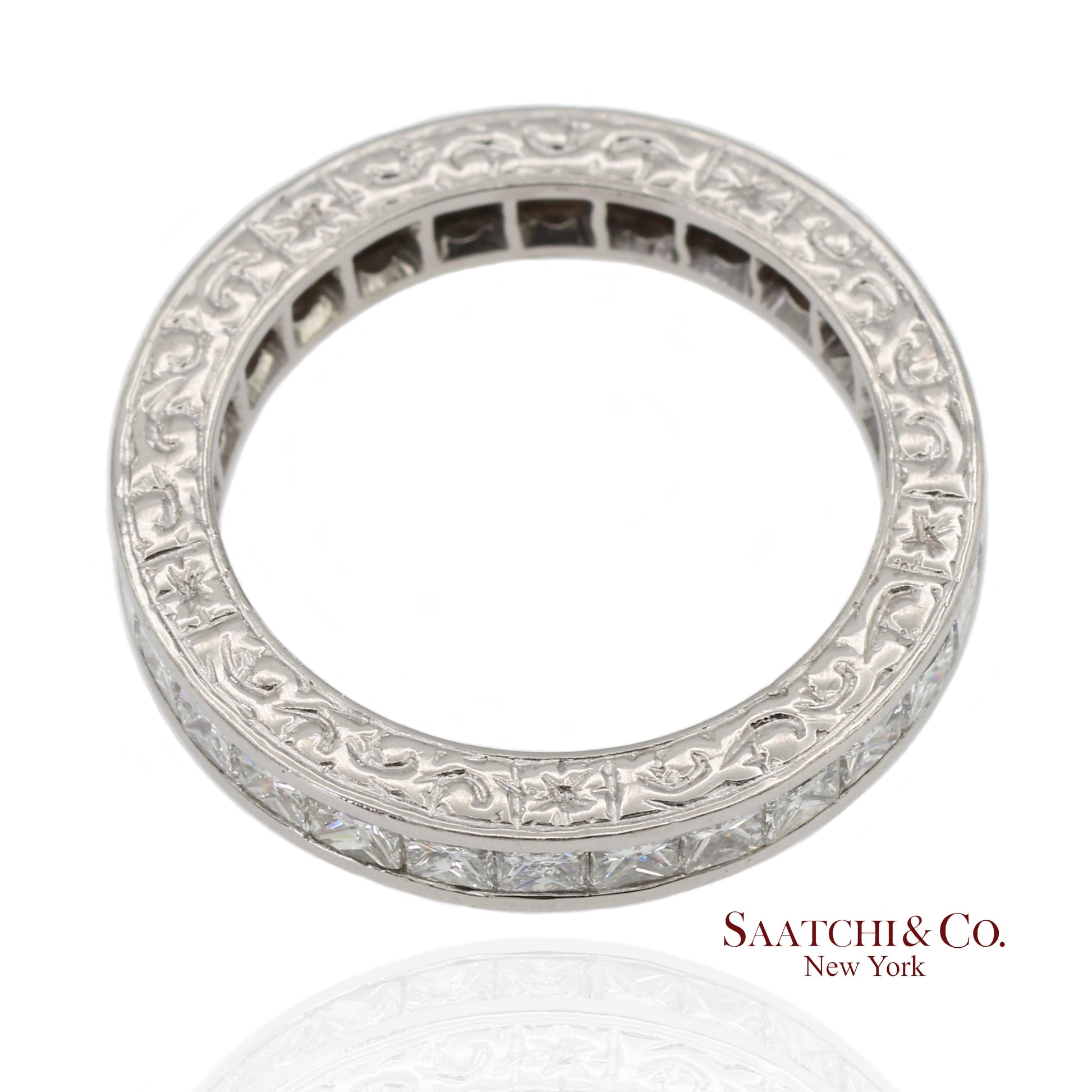 Platinum 950 All Around Natural Diamond Princess Cut Engraving Band Ring