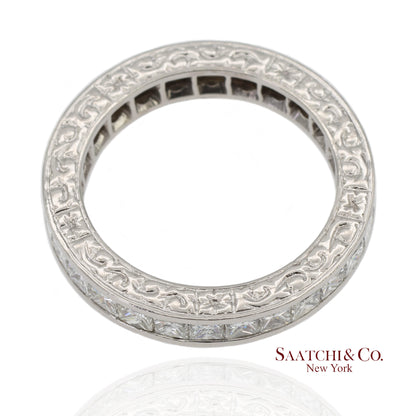 Platinum 950 All Around Natural Diamond Princess Cut Engraving Band Ring