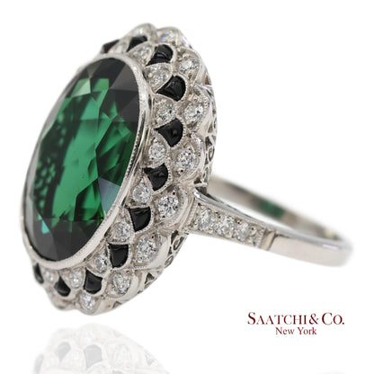 Vintage Platinum 950 Milgrain Natural Diamond and Tourmaline Ring