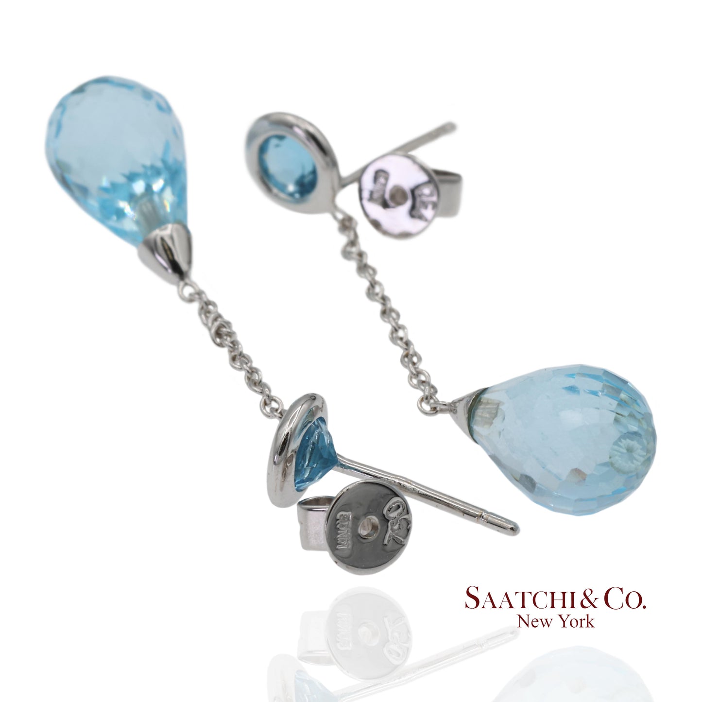 18K 750 Solid White Gold Blue Topaz Drop Earrings
