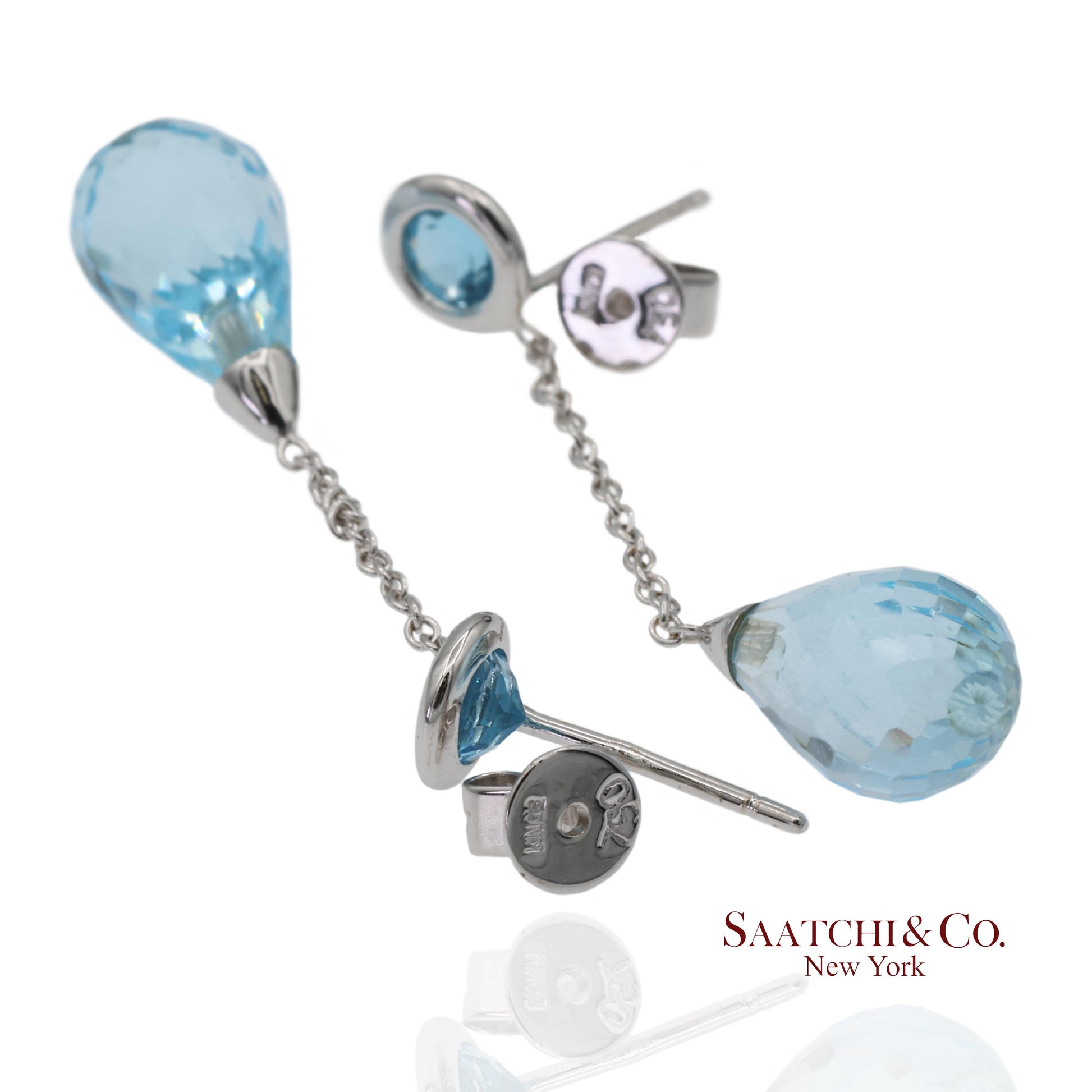 18K 750 Solid White Gold Blue Topaz Drop Earrings