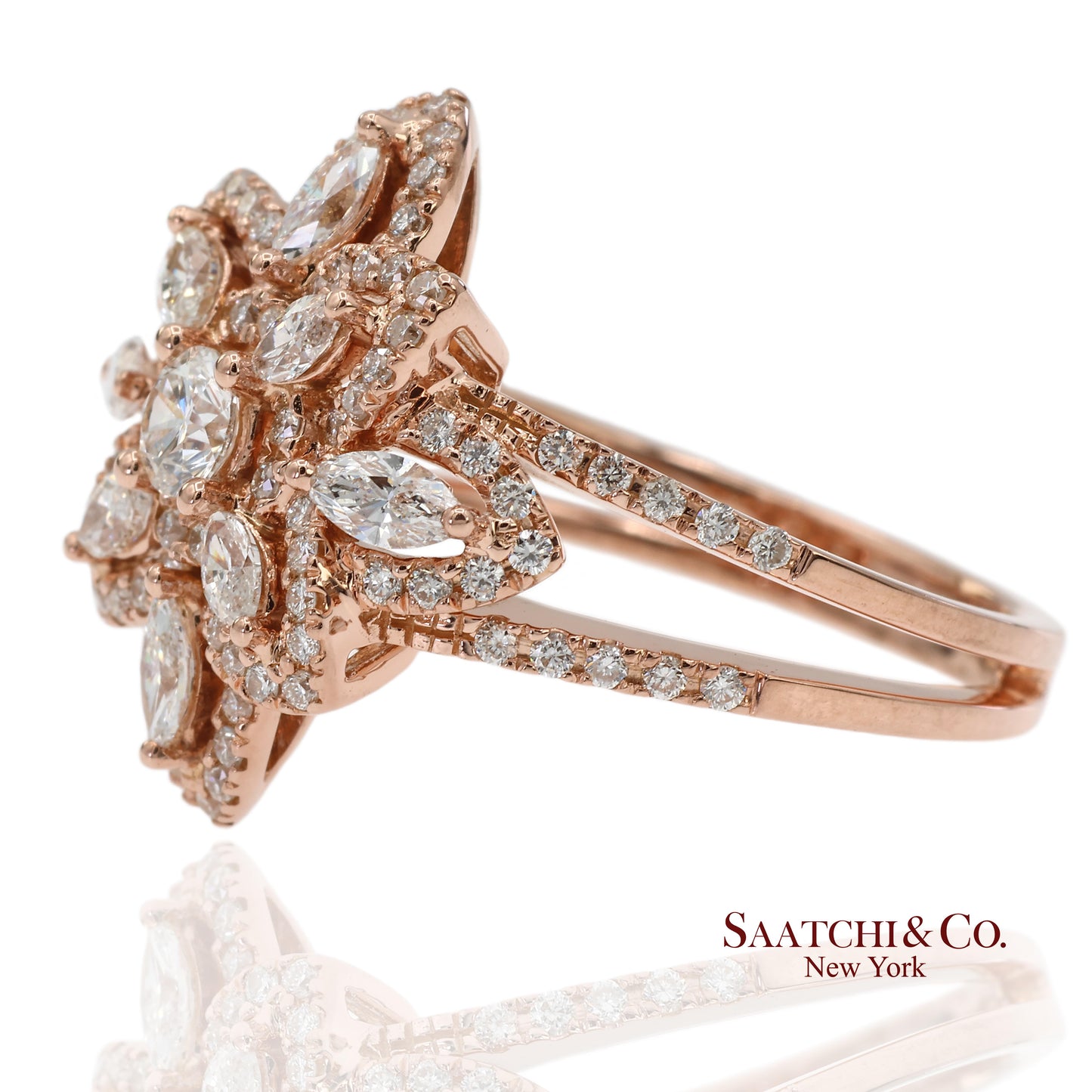 18K 750 Solid Rose Gold Floral Natural Diamond Ring