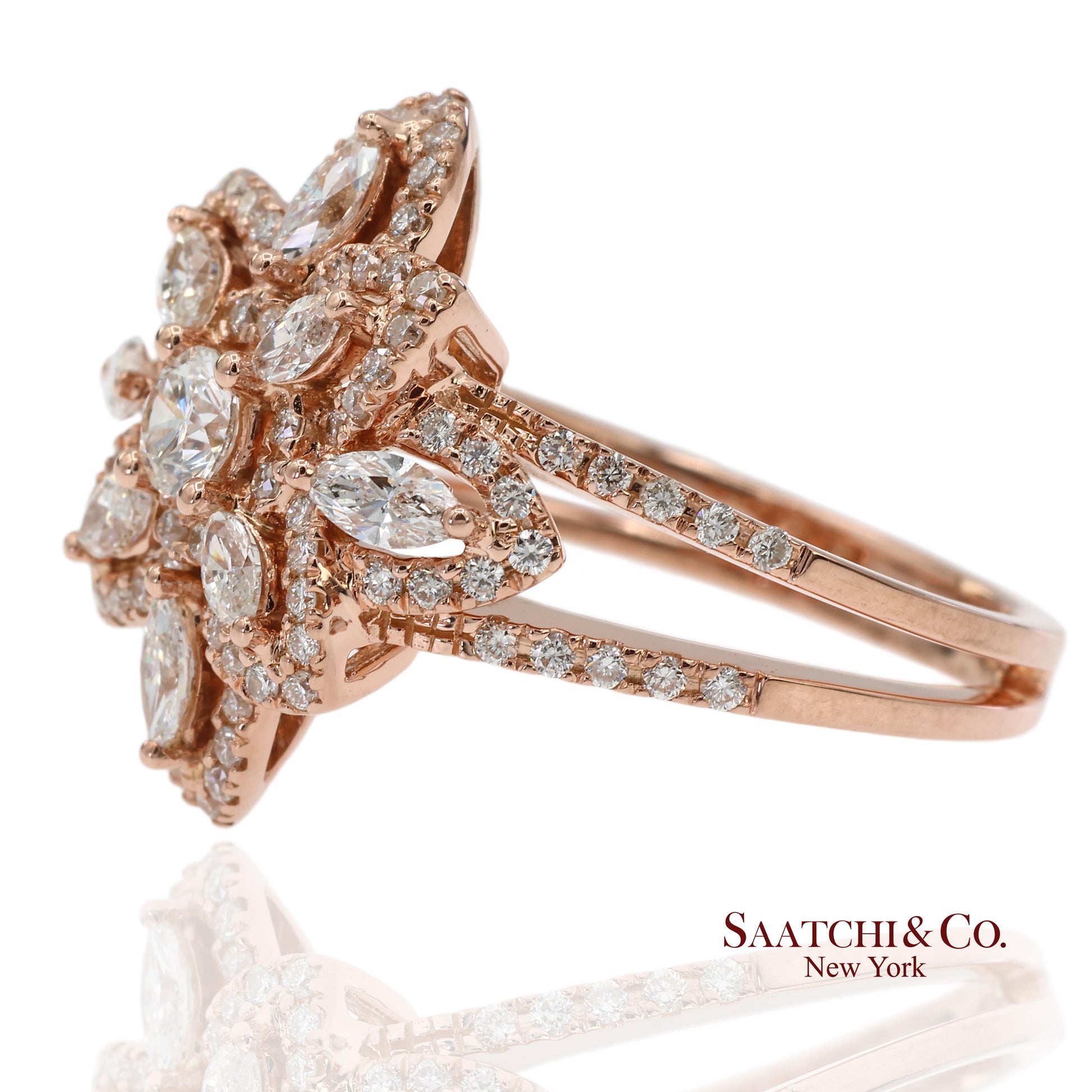18K 750 Solid Rose Gold Floral Natural Diamond Ring