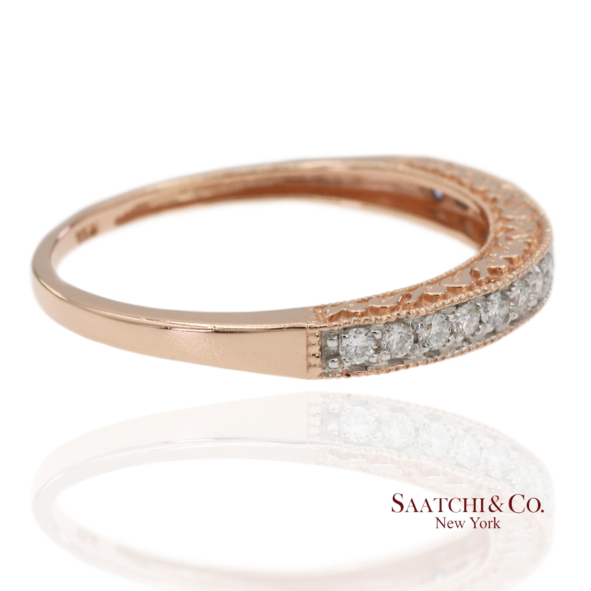 14K 585 Solid Rose Gold Engraving and Milgrain Natural Diamond Band Ring