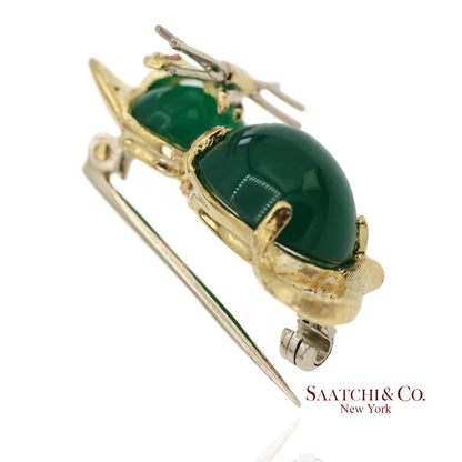 18K 750 Solid Yellow Gold Natural Ruby Eyes & Green Gemstones Cat Pin Brooch