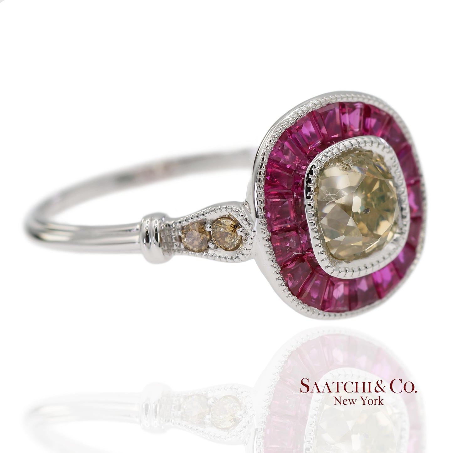 GIA Certified 18K 750 Solid White Gold Natural Diamond and Ruby Engagement Ring
