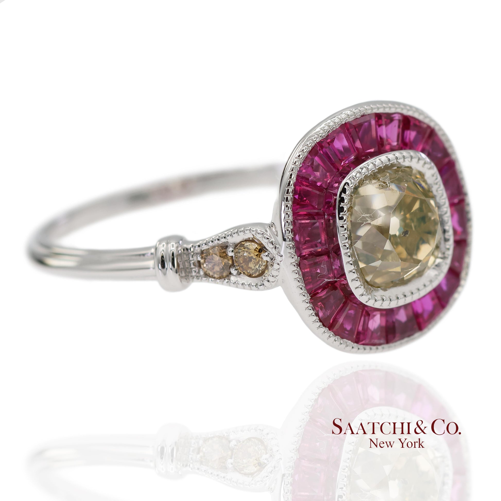 GIA Certified 18K 750 Solid White Gold Natural Diamond and Ruby Engagement Ring