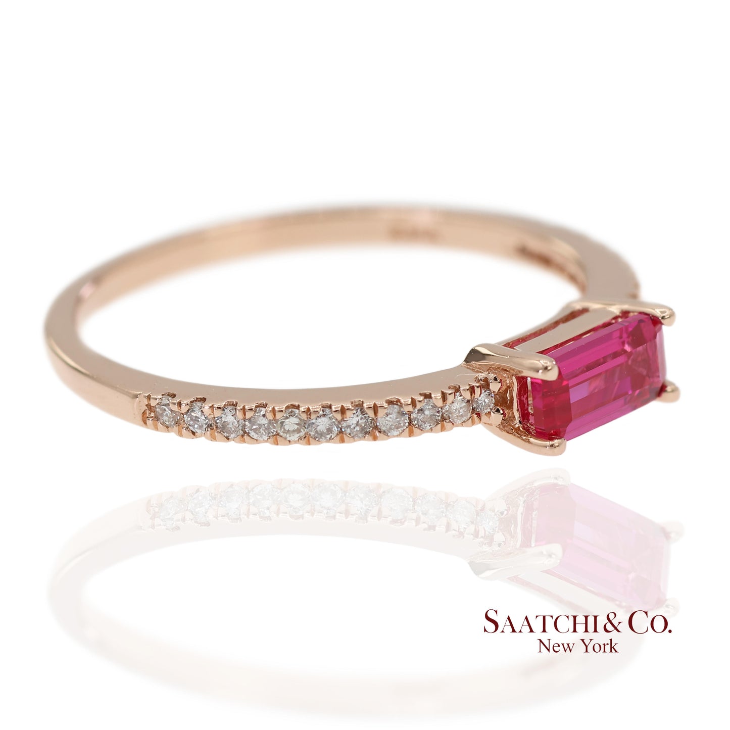 14K 585 Solid Rose Gold Pink Baguette Cut Stone and Natural Diamond Ring