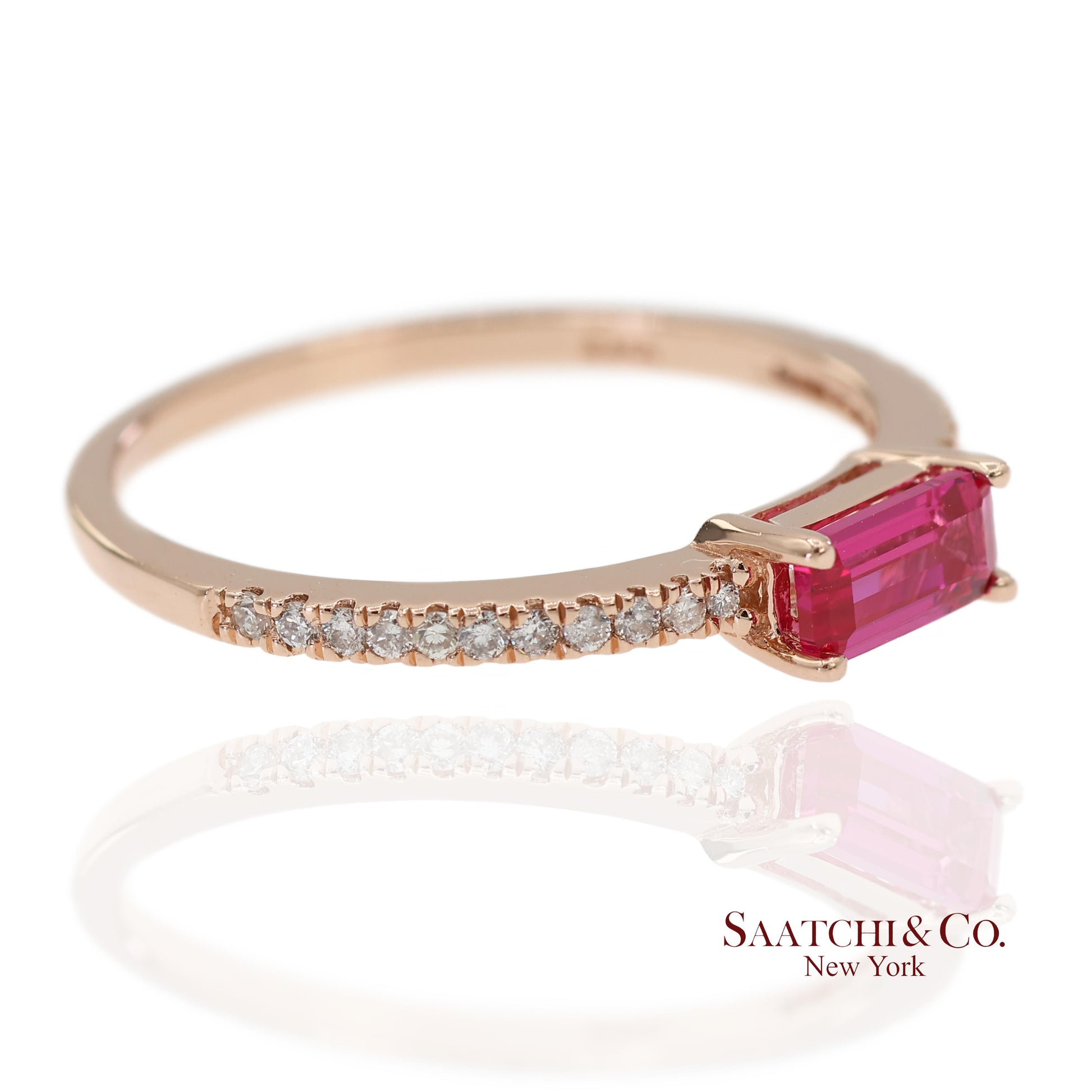 14K 585 Solid Rose Gold Pink Baguette Cut Stone and Natural Diamond Ring