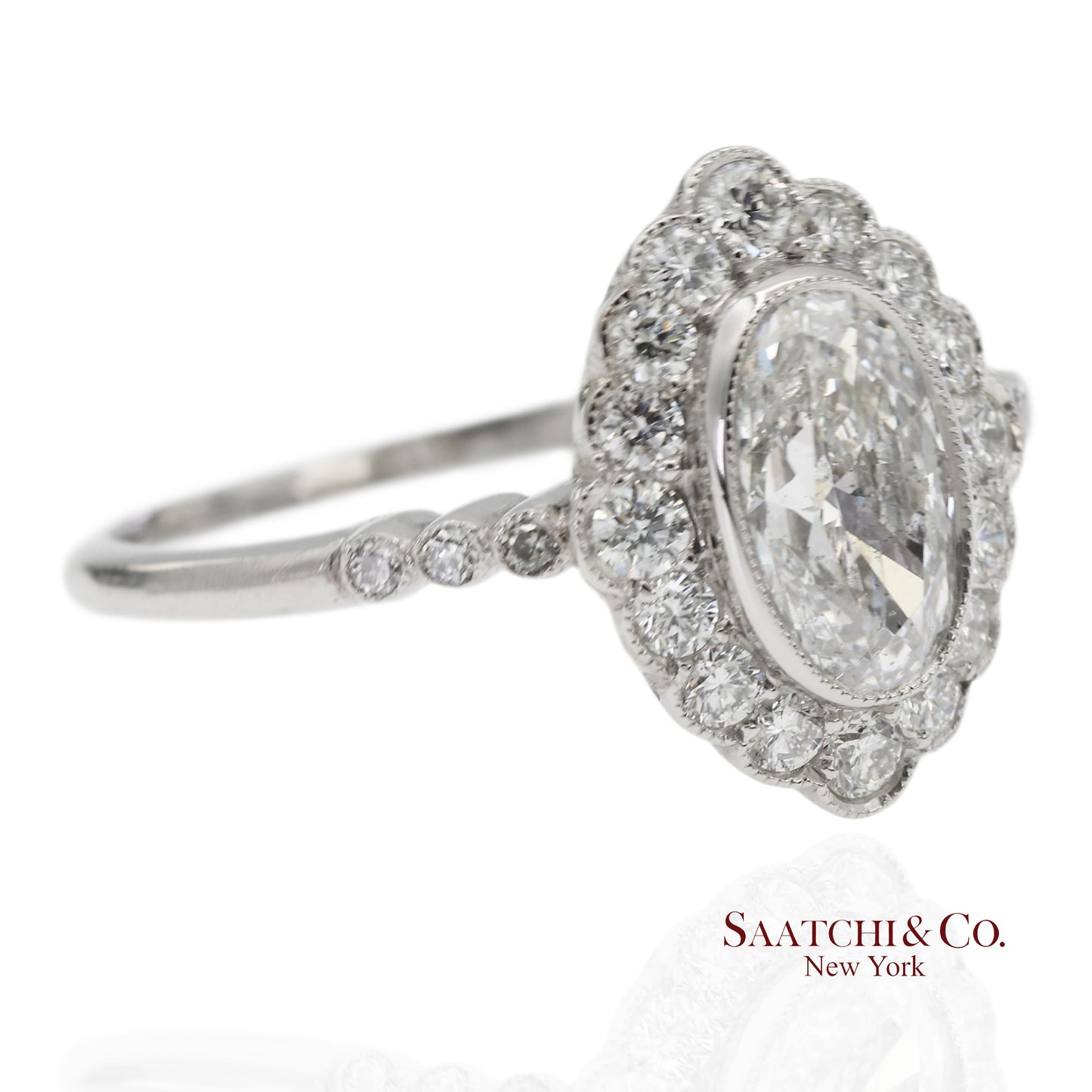Vintage Platinum 900 Natural Diamond Milgrain Oval Shape Engagement Band Ring