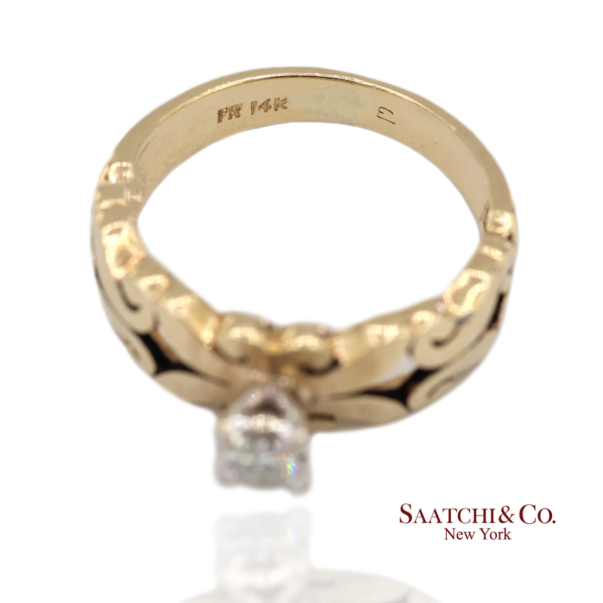 0.13 Ct Natural Diamond 14K Yellow Gold Openwork Scroll Design Ring