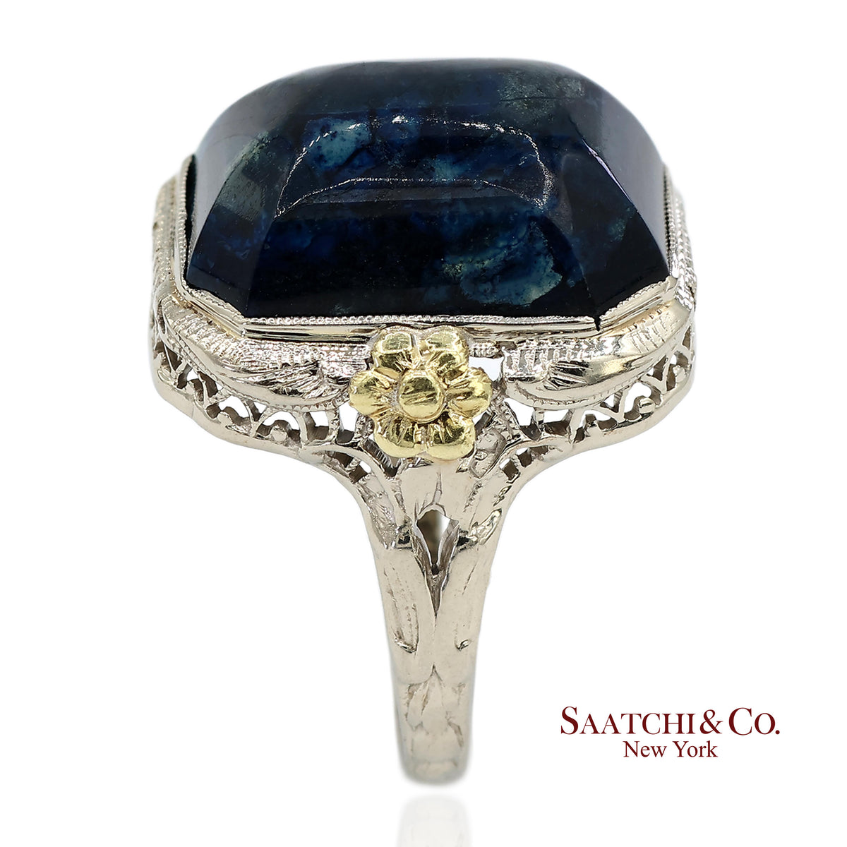 Vintage 14K Two Tone Yellow and White Gold Blue Stone Ornate Floral Motif Ring