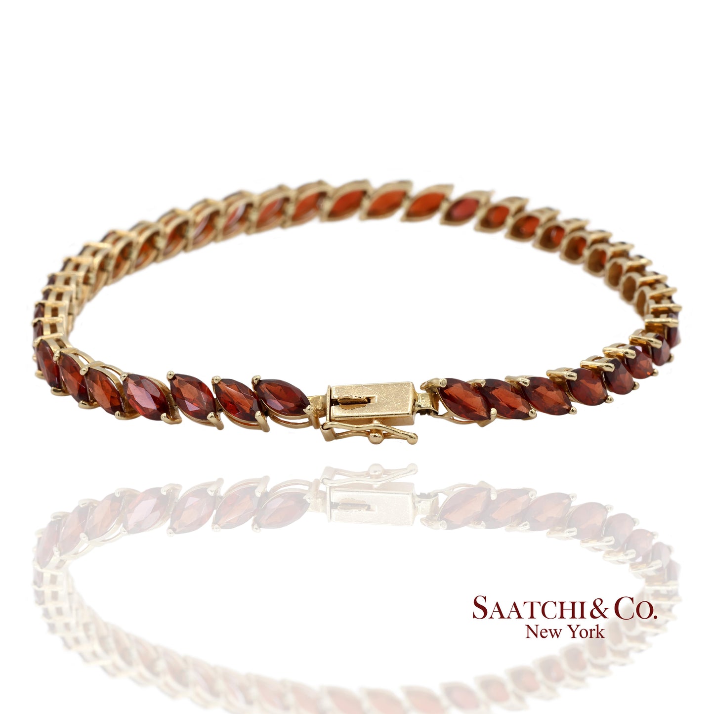 Vintage 14K 585 Solid Yellow Gold Red Garnet Marquise Cut Tennis Bracelet
