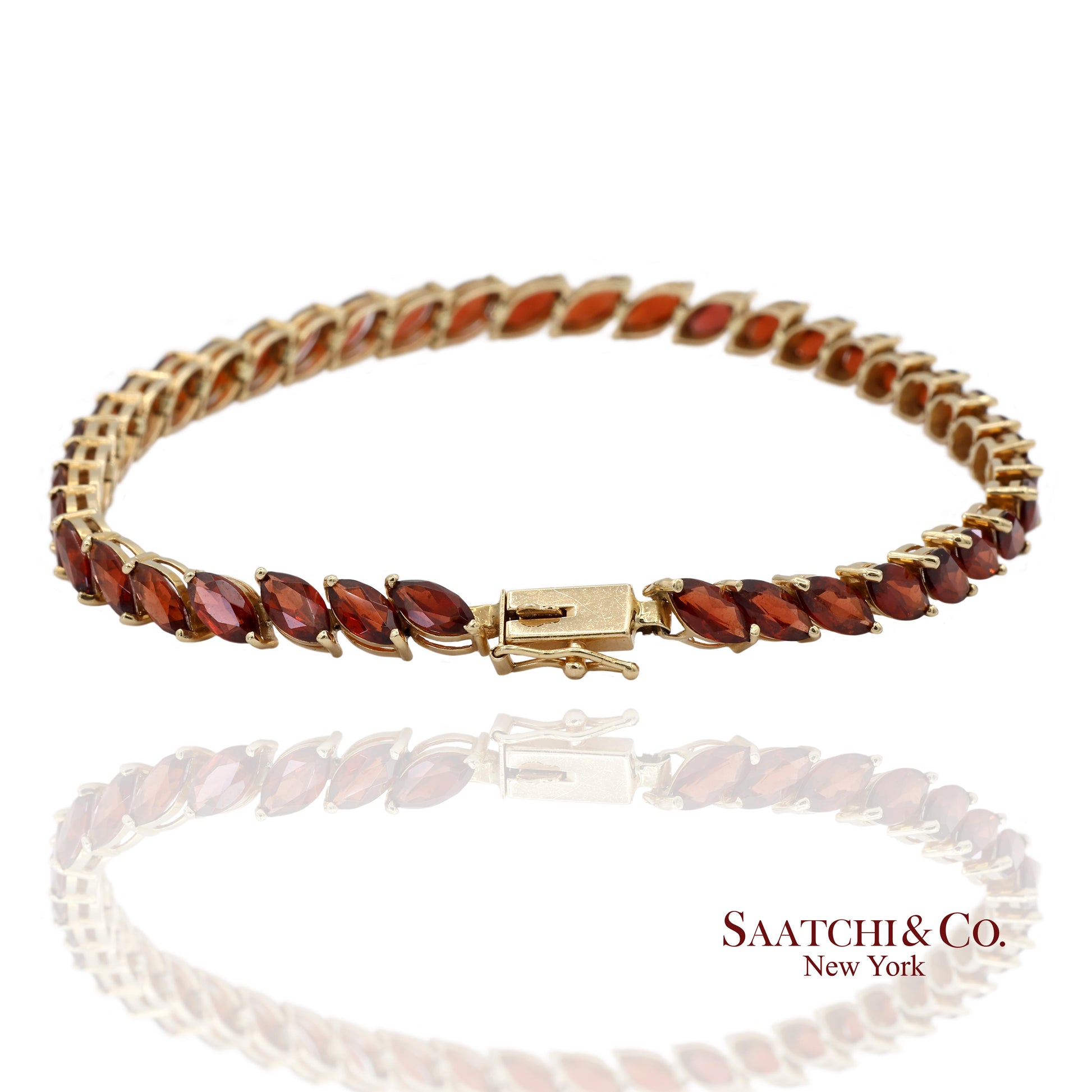 Vintage 14K 585 Solid Yellow Gold Red Garnet Marquise Cut Tennis Bracelet