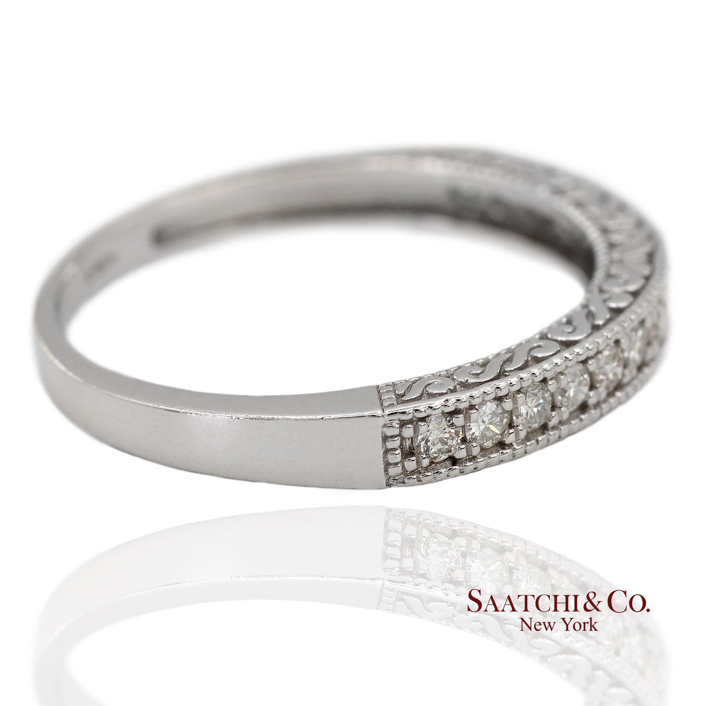 14K 585 Solid White Gold Side Engraving Milgrain Natural Diamond Band Ring