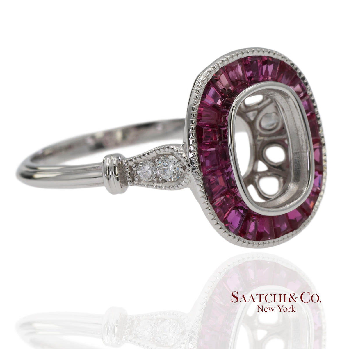 14K White Gold 0.10 ct Natural Diamond and 1.10 ct Natural Ruby Semi Mount Ring