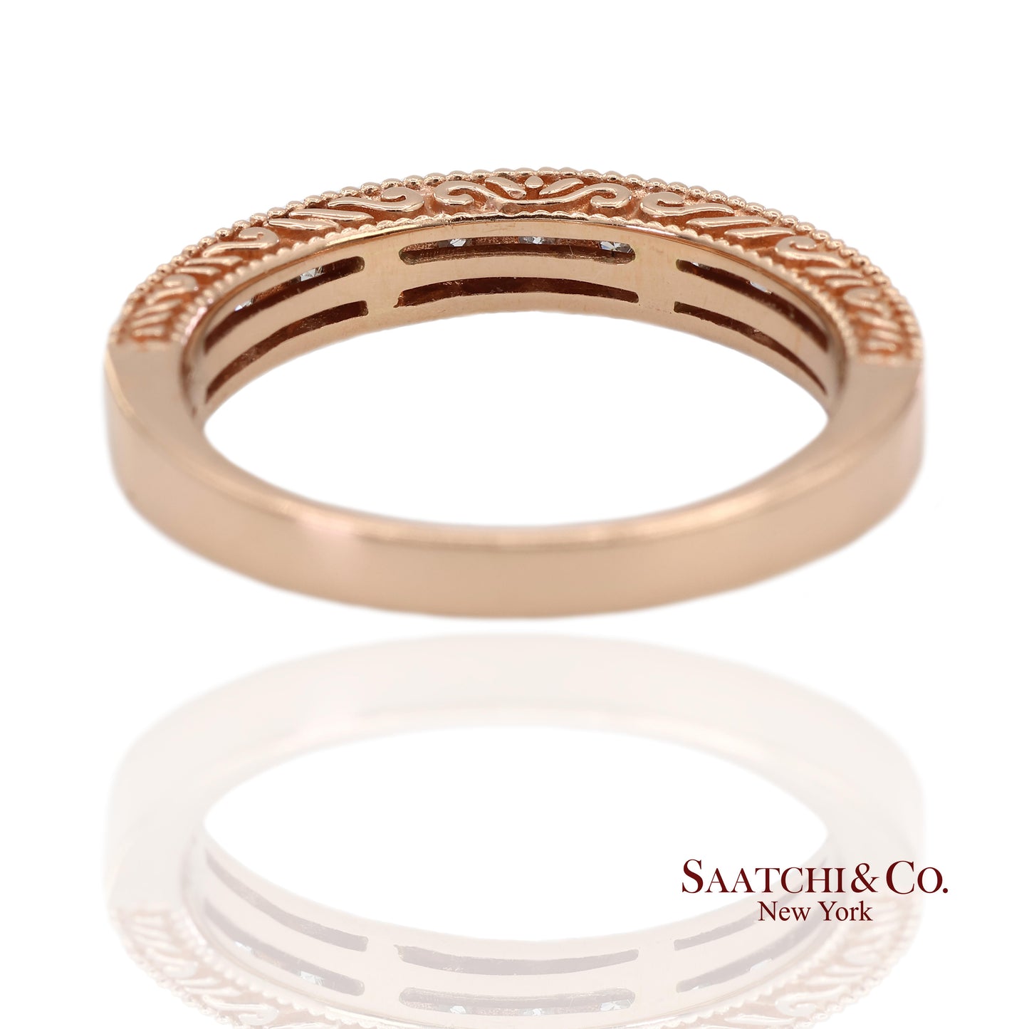 14K 585 Rose Gold Natural Diamond Milgrain Engraved Band Ring