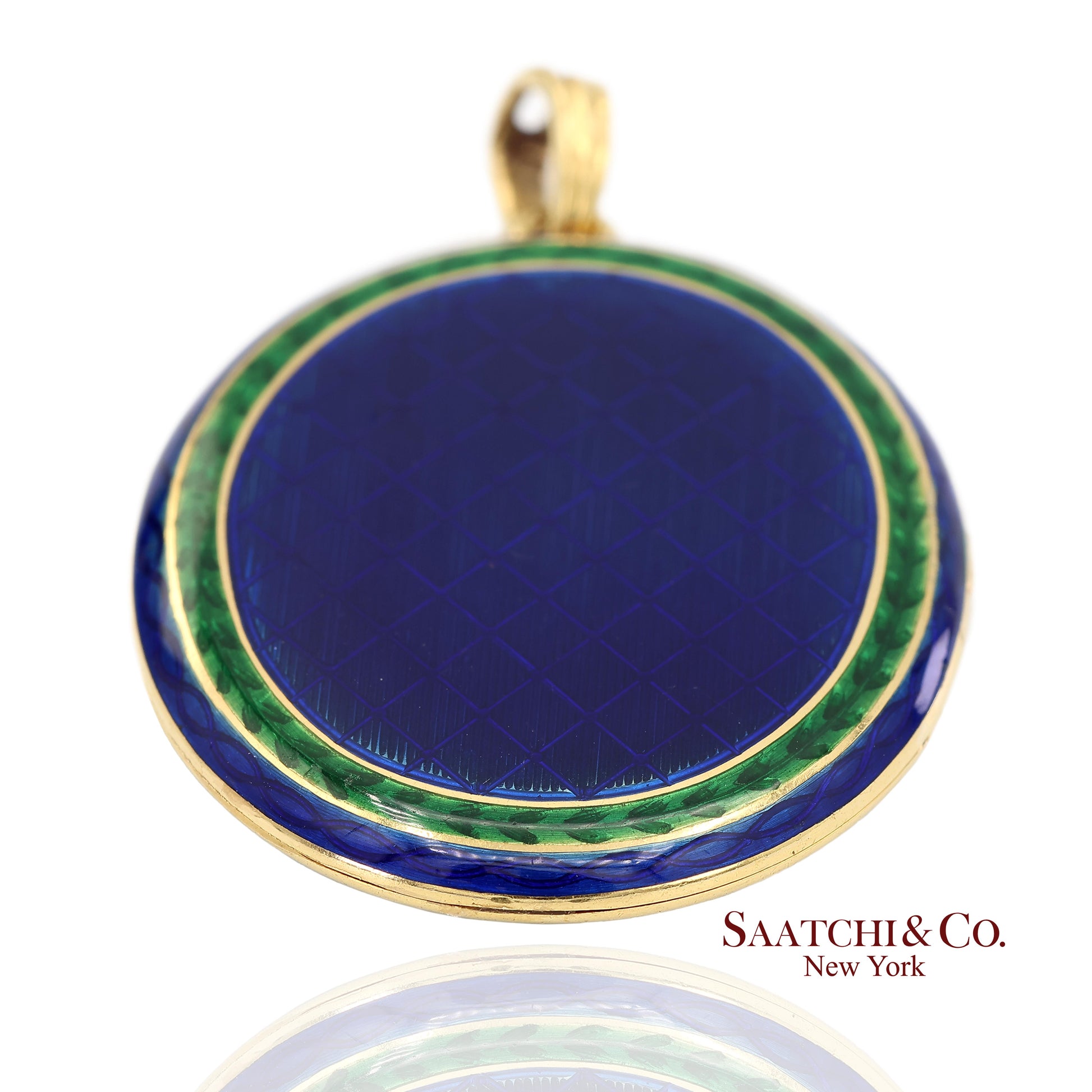 Vintage 18K 750 Yellow Gold Royal Blue & Green Enamel Locket Pendant Necklace