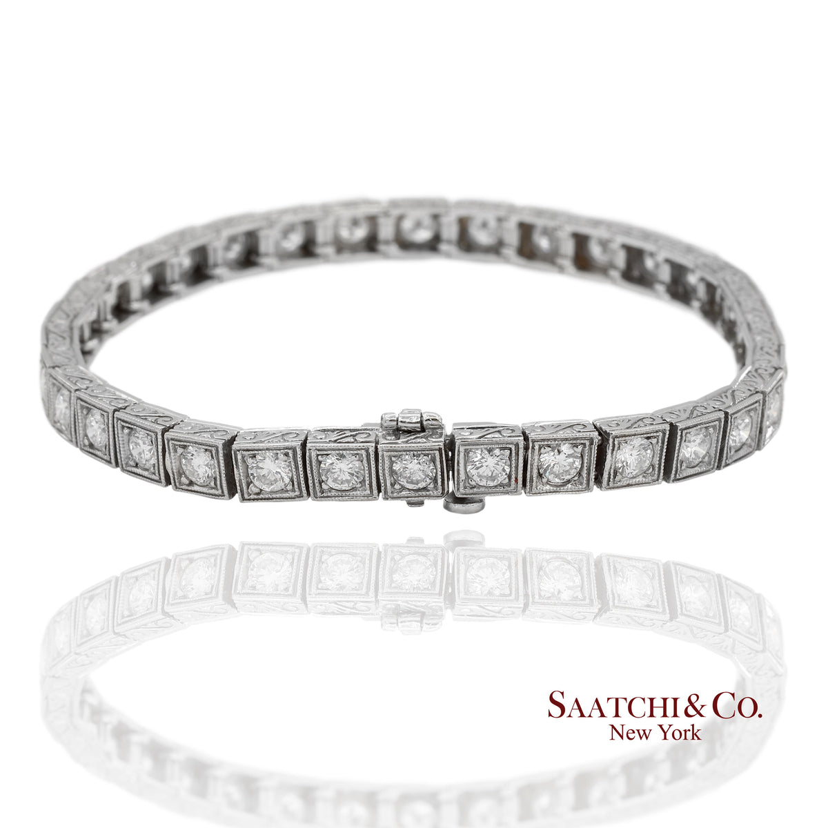 Vintage 18K 750 White Gold Natural Diamond Engraved & Milgrain Tennis Bracelet
