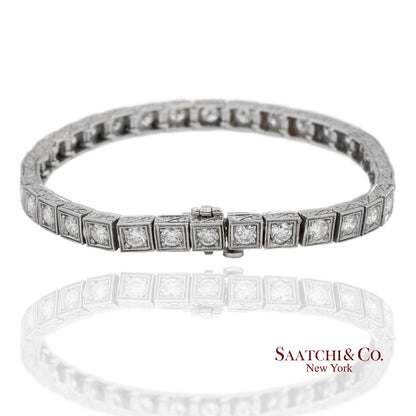 Vintage 18K 750 White Gold Natural Diamond Engraved & Milgrain Tennis Bracelet