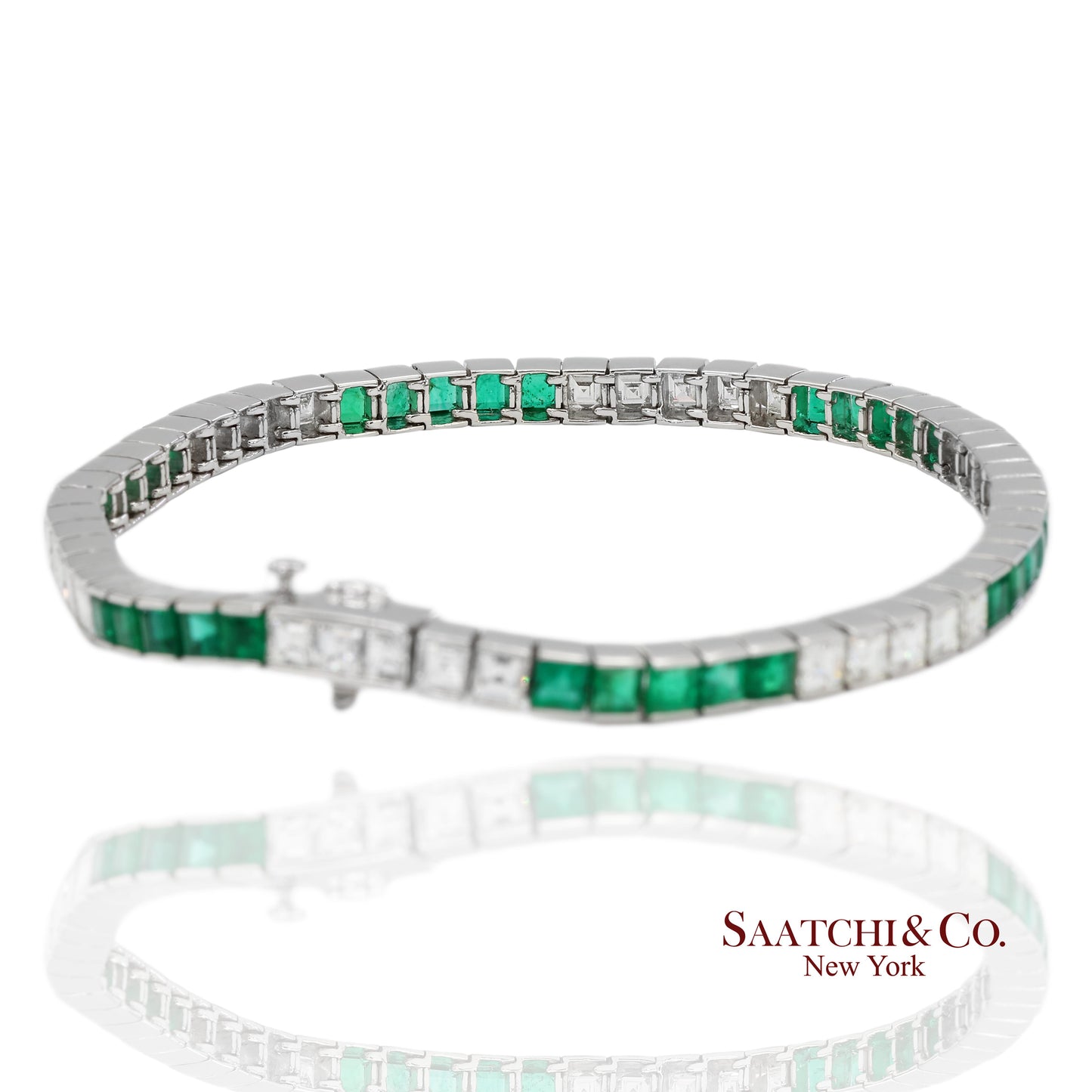 Platinum 950 Custom Made Natural Diamond and Emerald Bezel Tennis Bracelet