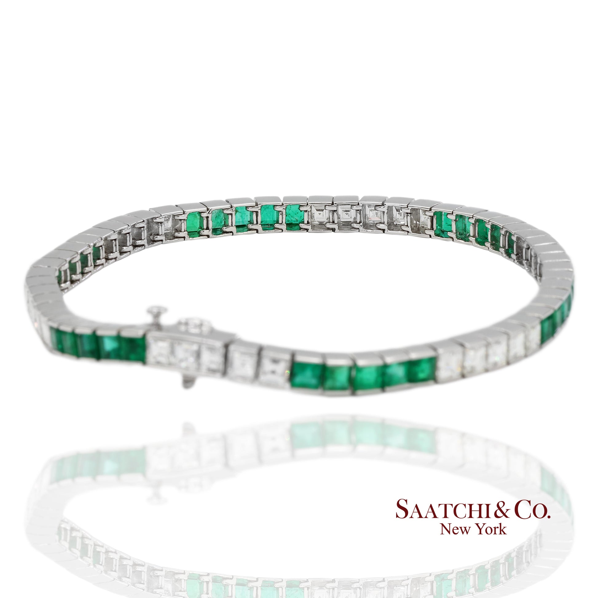 Platinum 950 Custom Made Natural Diamond and Emerald Bezel Tennis Bracelet
