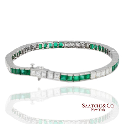 Platinum 950 Custom Made Natural Diamond and Emerald Bezel Tennis Bracelet