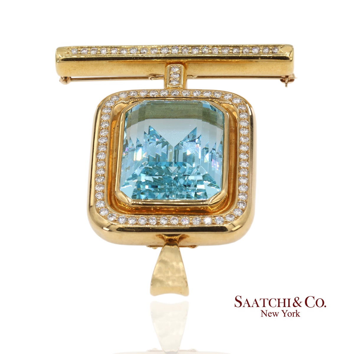GIA 60 Ct Aquamarine and 4 Ct Diamond 18K Yellow Gold Convertible Pendant Brooch