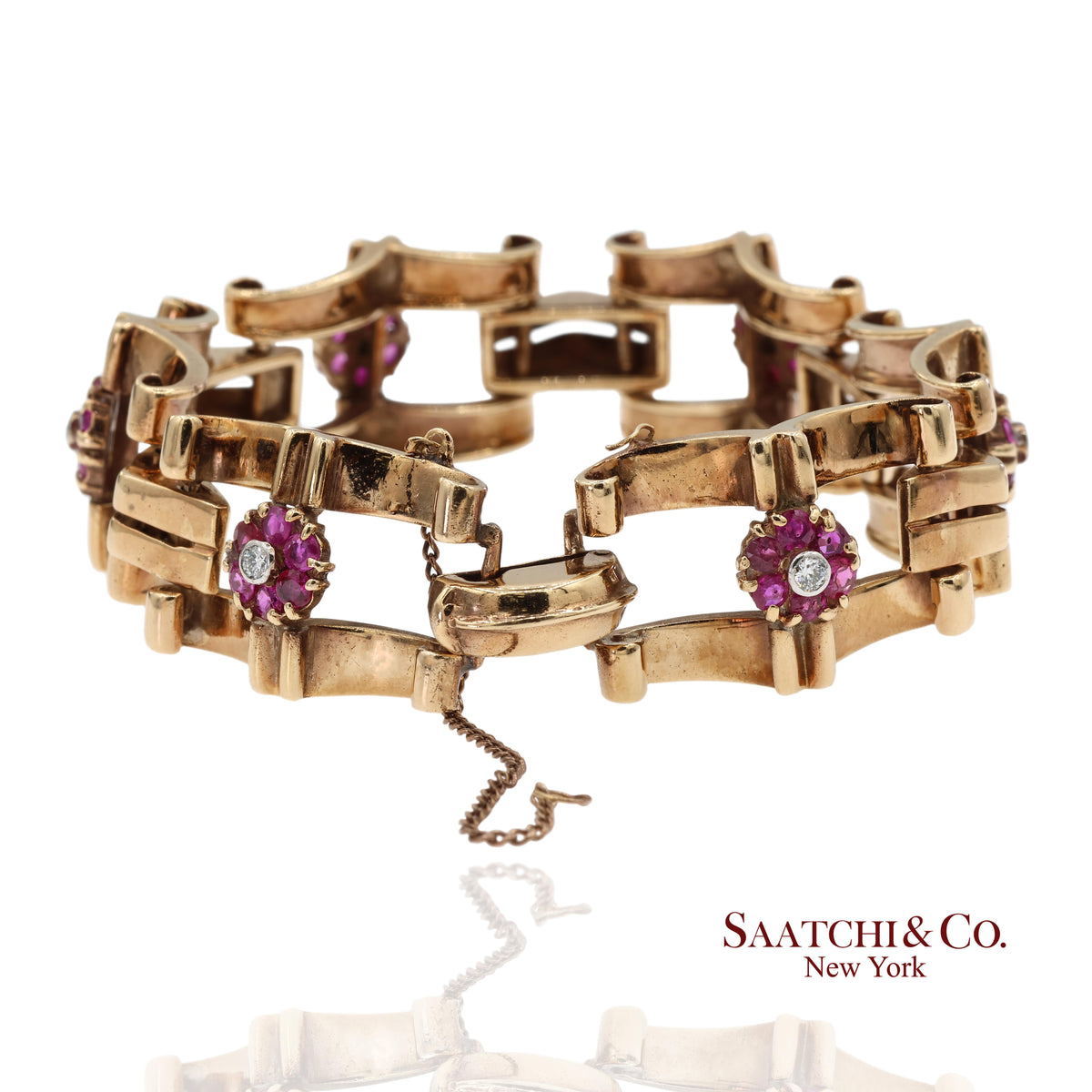 Vintage 0.15 Ct Natural Diamond and 1.20 Ct Ruby Bracelet in 14K Rose Gold
