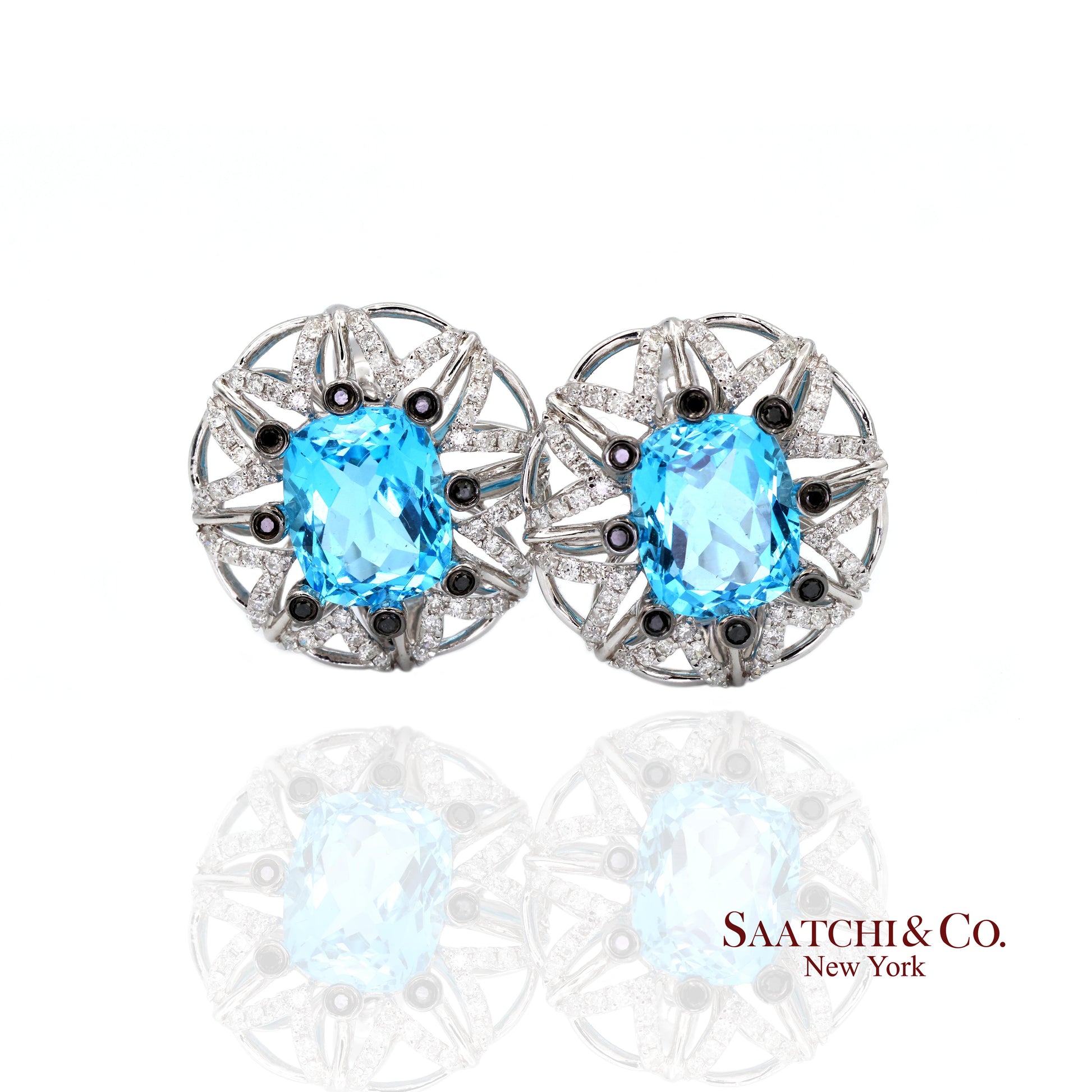 14k (585) White Gold Natural Blue Topaz and Diamond Earrings