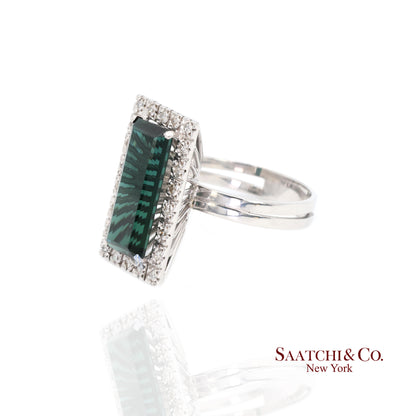 Pt 900 Natural Green Tourmaline and Natural Diamond Ring