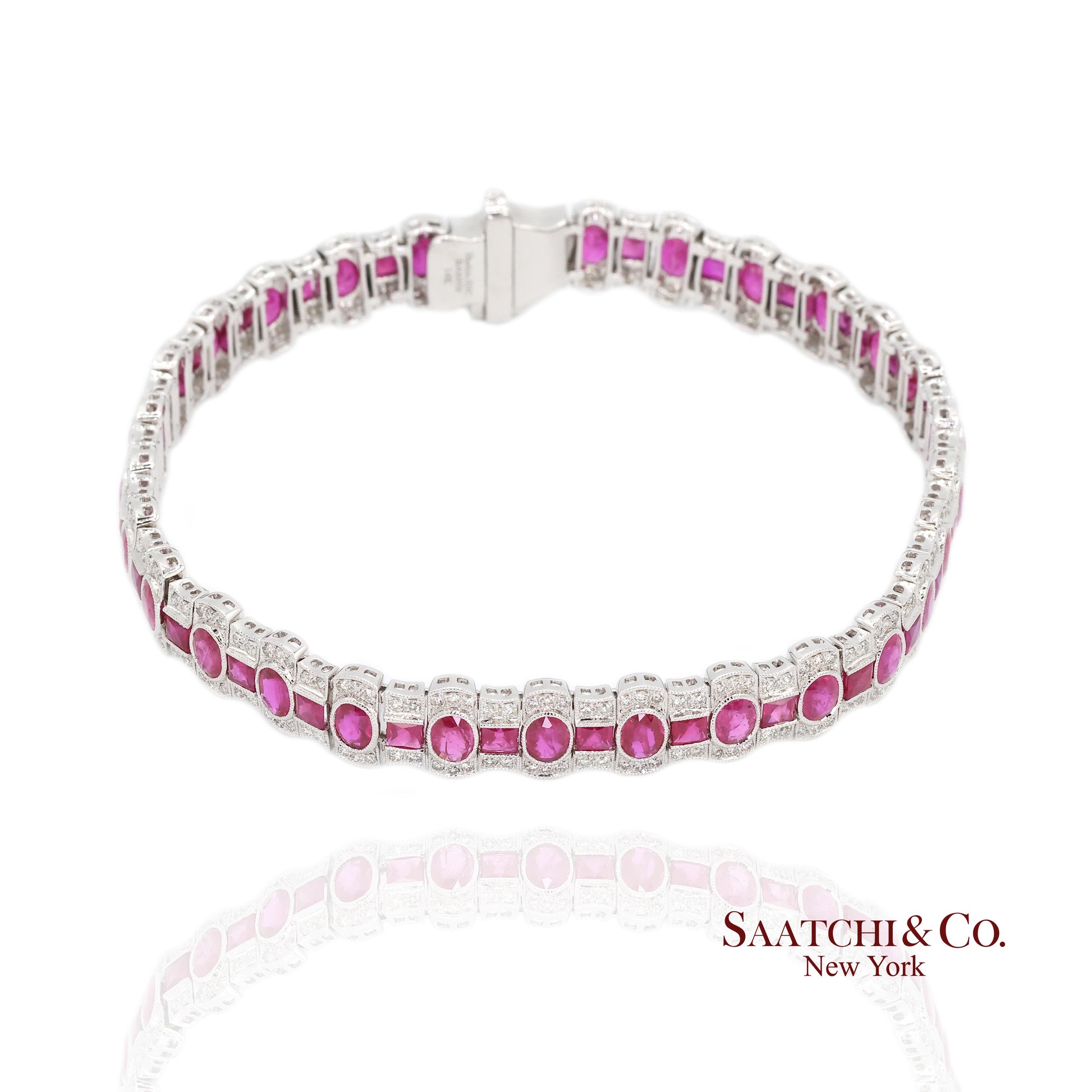 14K White Gold Natural Ruby Diamond Tennis Bracelet Milgrain Setting