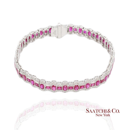 14K White Gold Natural Ruby Diamond Tennis Bracelet Milgrain Setting