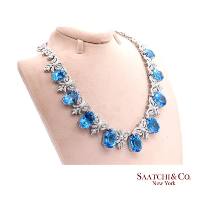10K White Gold Natural Diamond Royal Blue Topaz Elegant Necklace