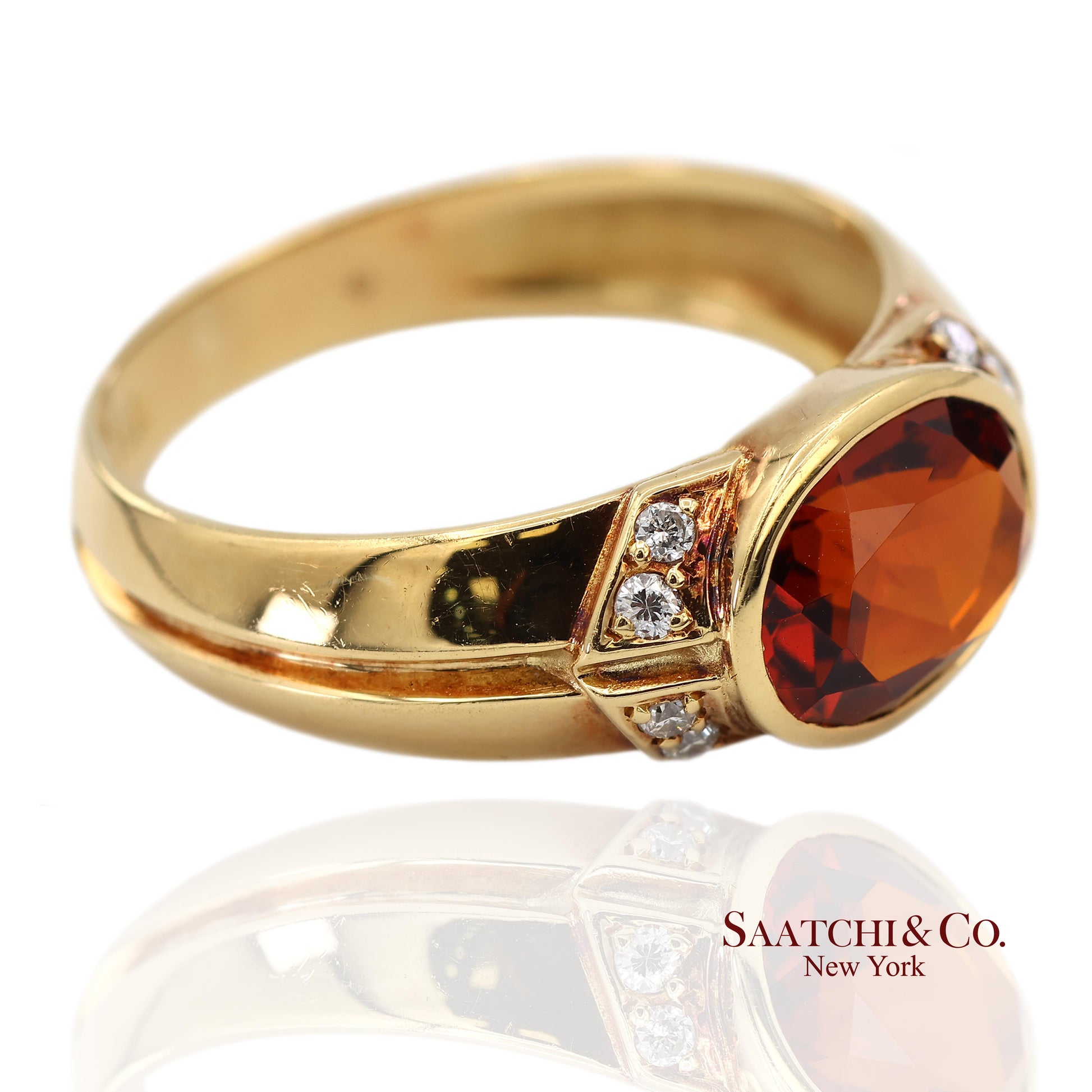 18K(750) Solid Yellow Gold Natural Diamond Mandarin Garnet Ring