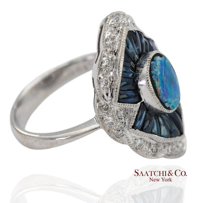18K(750) Solid White Gold Natural Diamond Sapphire and Opal Ring