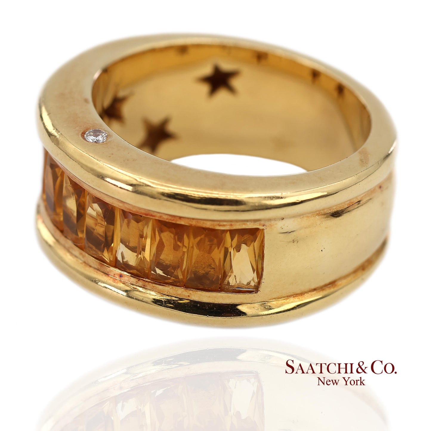 18K(750) Solid Yellow Gold Natural Diamond and Citrine Wide Band Ring